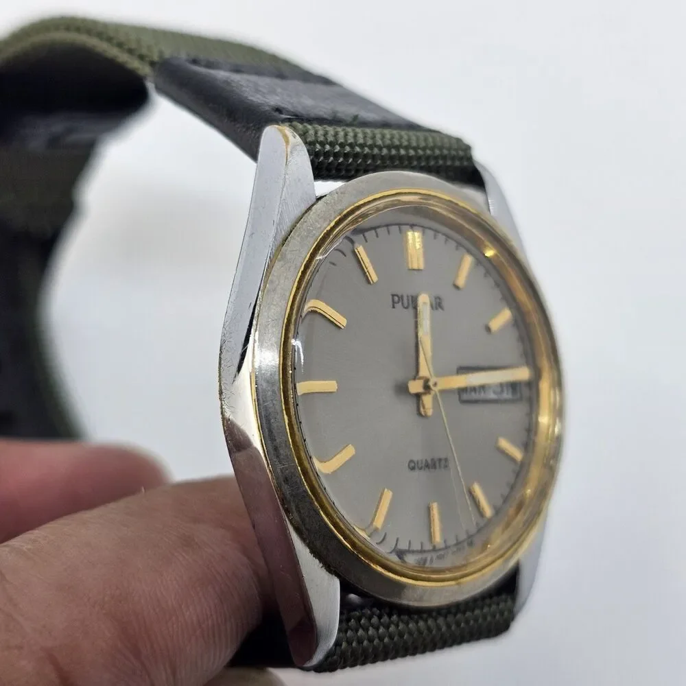 VTG Pulsar Men's Watch 35MM Gray Dial Day Date New Canvas‎ Bands New Battery